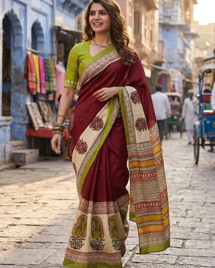 Ajrakh Block Print Mulmul Cotton Saree | Festive - Rosepetals Luxe
