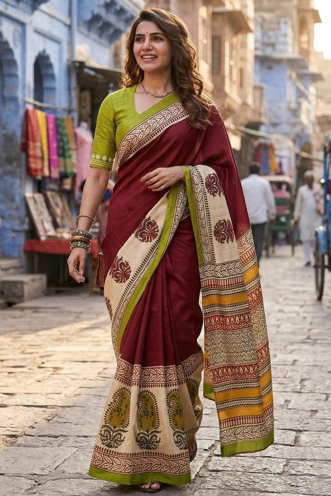 Ajrakh Block Print Mulmul Cotton Saree | Festive - Rosepetals Luxe