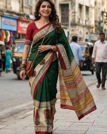 Ajrakh Block Print Mulmul Cotton Saree | Festive - Rosepetals Luxe