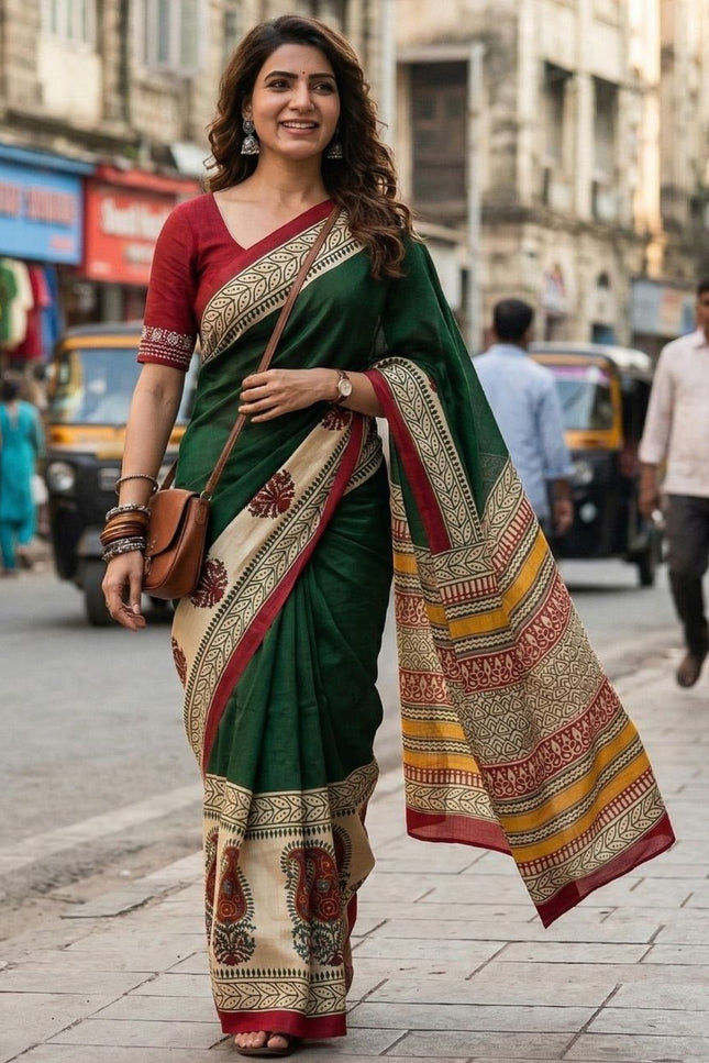 Ajrakh Block Print Mulmul Cotton Saree | Festive - Rosepetals Luxe