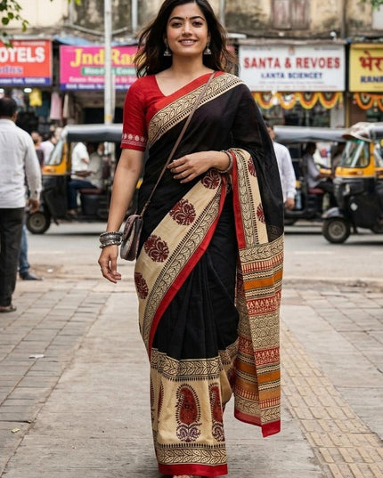 Ajrakh Block Print Mulmul Cotton Saree | Festive - Rosepetals Luxe