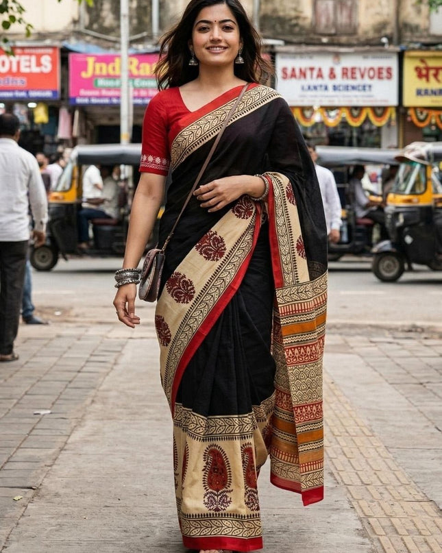 Ajrakh Block Print Mulmul Cotton Saree | Festive - Rosepetals Luxe