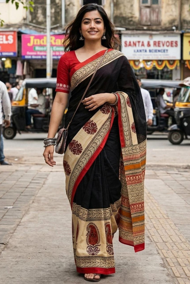 Ajrakh Block Print Mulmul Cotton Saree | Festive - Rosepetals Luxe