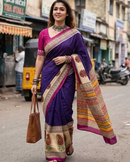 Ajrakh Block Print Mulmul Cotton Saree | Festive - Rosepetals Luxe
