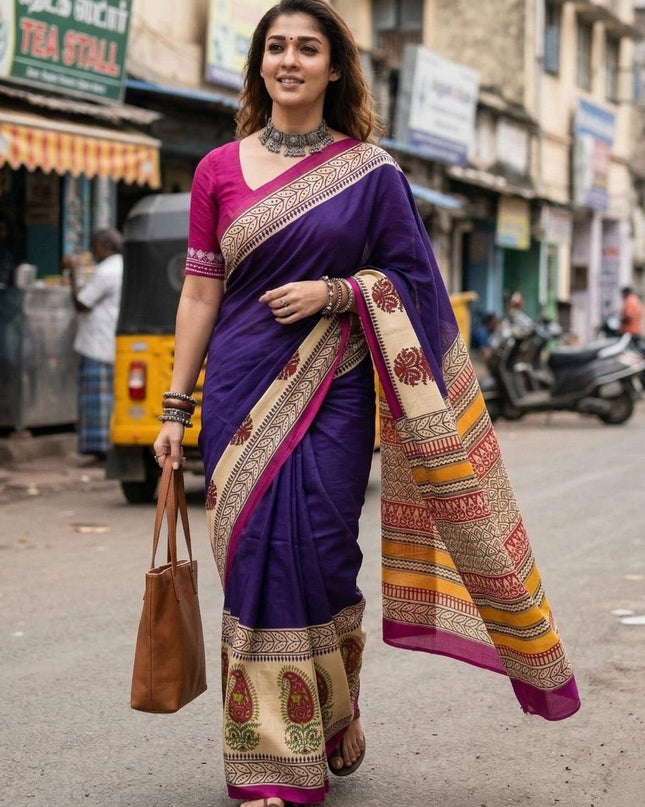 Ajrakh Block Print Mulmul Cotton Saree | Festive - Rosepetals Luxe