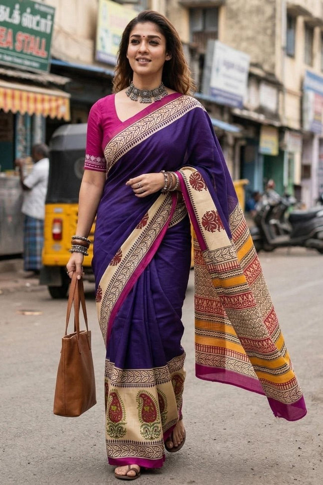 Ajrakh Block Print Mulmul Cotton Saree | Festive - Rosepetals Luxe