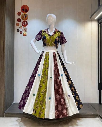 Ajrakh Cotton Navratri Lehenga Choli Set – Real Mirror Work & Shell Embellishments | 9 Metre Flair - Rosepetals Luxe