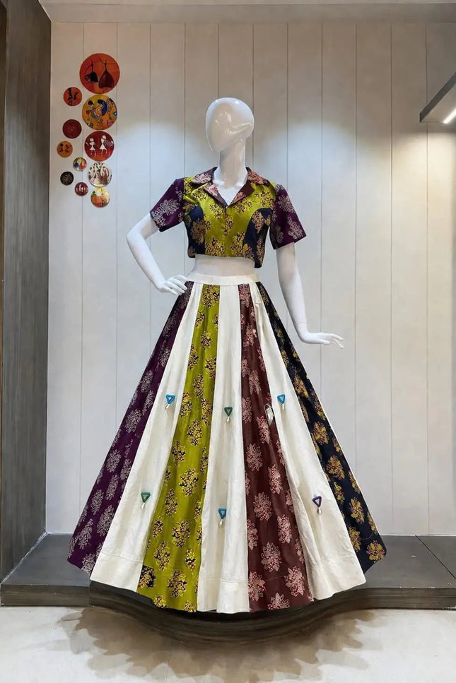 Ajrakh Cotton Navratri Lehenga Choli Set – Real Mirror Work & Shell Embellishments | 9 Metre Flair - Rosepetals Luxe