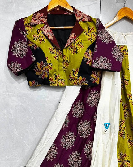 Ajrakh Cotton Navratri Lehenga Choli Set – Real Mirror Work & Shell Embellishments | 9 Metre Flair - Rosepetals Luxe