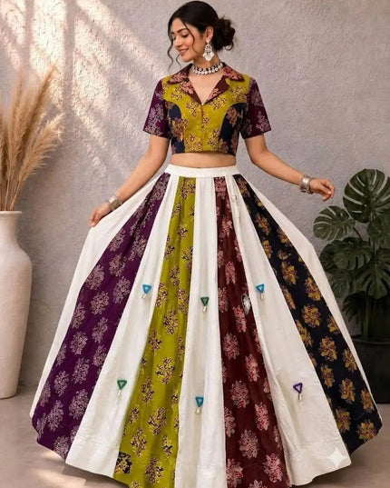 Ajrakh Cotton Navratri Lehenga Choli Set – Real Mirror Work & Shell Embellishments | 9 Metre Flair - Rosepetals Luxe