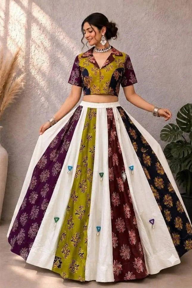 Ajrakh Cotton Navratri Lehenga Choli Set – Real Mirror Work & Shell Embellishments | 9 Metre Flair - Rosepetals Luxe