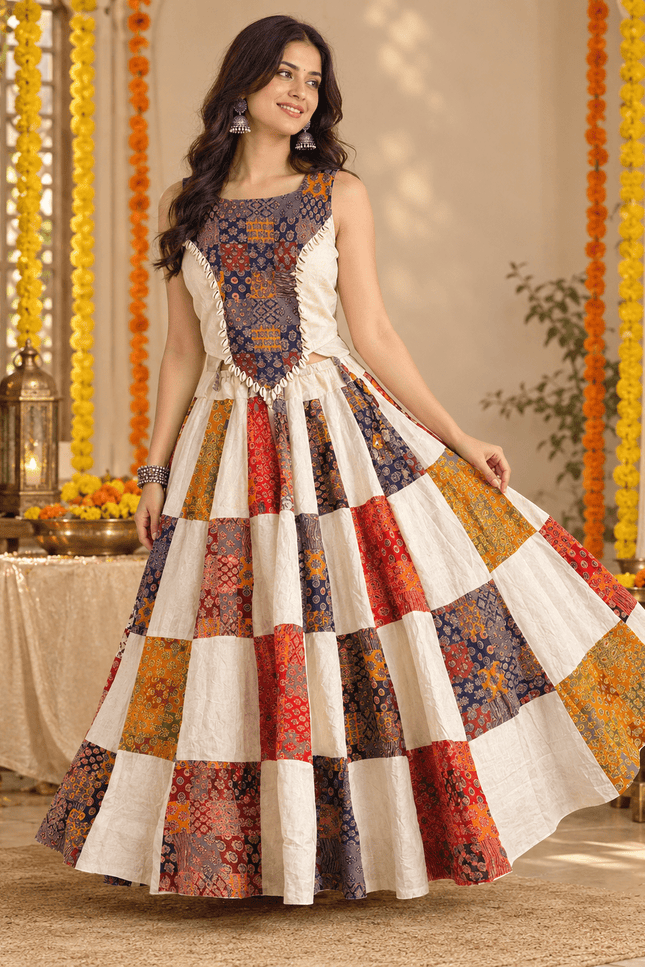 Ajrakh Patchwork Khadi Cotton Chaniya Choli Set - Rosepetals Luxe