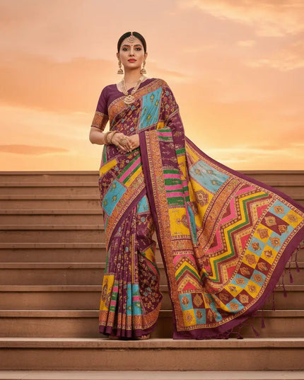 Ajrakh Print Chinon Silk Saree | Real Mirror Work | 15 Shades - Rosepetals Luxe