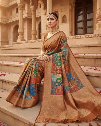 Ajrakh Print Chinon Silk Saree | Real Mirror Work | 15 Shades - Rosepetals Luxe