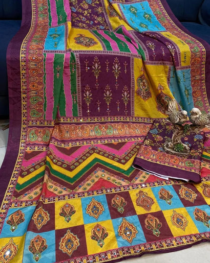 Ajrakh Print Chinon Silk Saree | Real Mirror Work | 15 Shades - Rosepetals Luxe