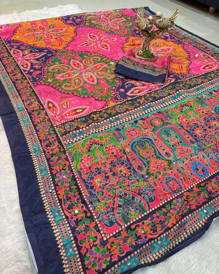 Ajrakh Print Chinon Silk Saree | Real Mirror Work | 15 Shades - Rosepetals Luxe