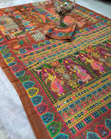 Ajrakh Print Chinon Silk Saree | Real Mirror Work | 15 Shades - Rosepetals Luxe