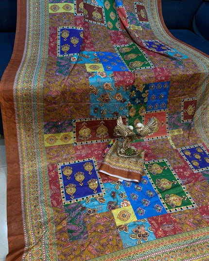 Ajrakh Print Chinon Silk Saree | Real Mirror Work | 15 Shades - Rosepetals Luxe