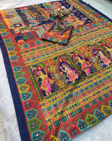 Ajrakh Print Chinon Silk Saree | Real Mirror Work | 15 Shades - Rosepetals Luxe