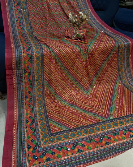 Ajrakh Print Chinon Silk Saree | Real Mirror Work | 15 Shades - Rosepetals Luxe
