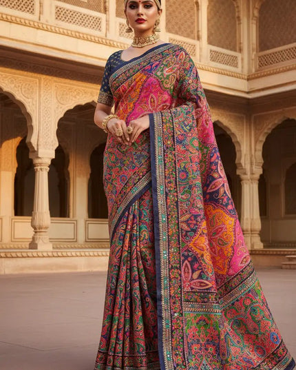 Ajrakh Print Chinon Silk Saree | Real Mirror Work | 15 Shades - Rosepetals Luxe
