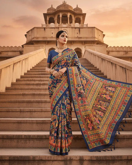 Ajrakh Print Chinon Silk Saree | Real Mirror Work | 15 Shades - Rosepetals Luxe