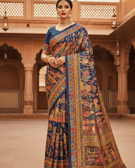 Ajrakh Print Chinon Silk Saree | Real Mirror Work | 15 Shades - Rosepetals Luxe