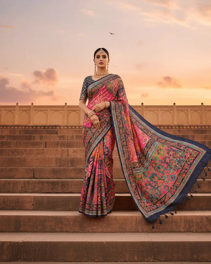 Ajrakh Print Chinon Silk Saree | Real Mirror Work | 15 Shades - Rosepetals Luxe