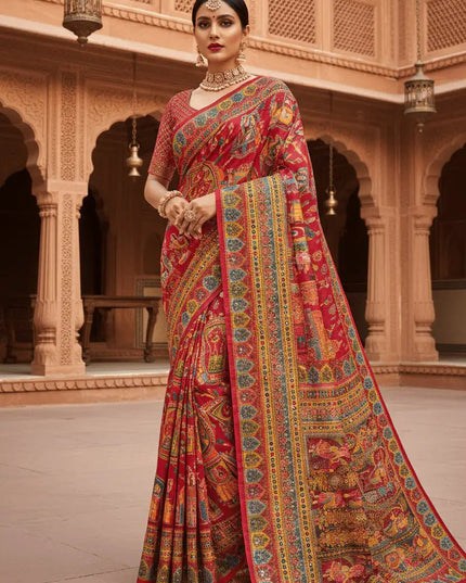 Ajrakh Print Chinon Silk Saree | Real Mirror Work | 15 Shades - Rosepetals Luxe