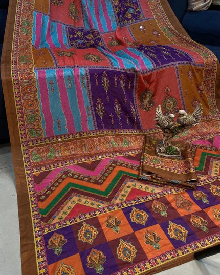 Ajrakh Print Chinon Silk Saree | Real Mirror Work | 15 Shades - Rosepetals Luxe