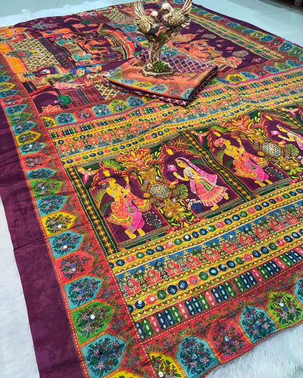 Ajrakh Print Chinon Silk Saree | Real Mirror Work | 15 Shades - Rosepetals Luxe