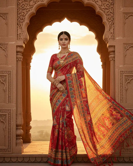 Ajrakh Print Chinon Silk Saree | Real Mirror Work | 15 Shades - Rosepetals Luxe