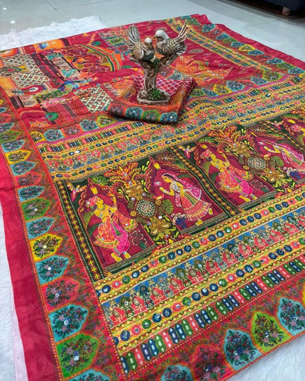 Ajrakh Print Chinon Silk Saree | Real Mirror Work | 15 Shades - Rosepetals Luxe