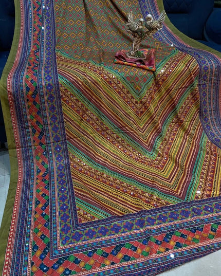 Ajrakh Print Chinon Silk Saree | Real Mirror Work | 15 Shades - Rosepetals Luxe