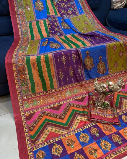 Ajrakh Print Chinon Silk Saree | Real Mirror Work | 15 Shades - Rosepetals Luxe
