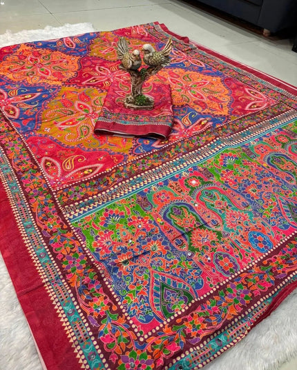 Ajrakh Print Chinon Silk Saree | Real Mirror Work | 15 Shades - Rosepetals Luxe