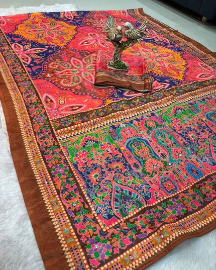 Ajrakh Print Chinon Silk Saree | Real Mirror Work | 15 Shades - Rosepetals Luxe