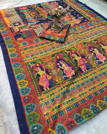 Ajrakh Print Chinon Silk Saree | Real Mirror Work | 15 Shades - Rosepetals Luxe