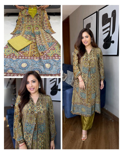 Ajrakh Print Crape Co-ord Set with Mirror Work | Rosepetals Luxe - Rosepetals Luxe