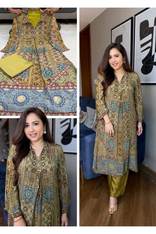 Ajrakh Print Crape Co-ord Set with Mirror Work | Rosepetals Luxe - Rosepetals Luxe