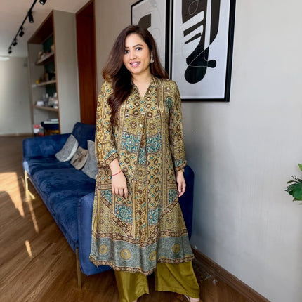 Ajrakh Print Crape Co-ord Set with Mirror Work | Rosepetals Luxe - Rosepetals Luxe