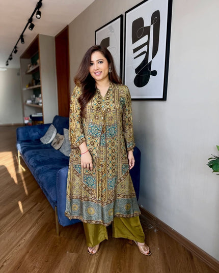 Ajrakh Print Crape Co-ord Set with Mirror Work | Rosepetals Luxe - Rosepetals Luxe