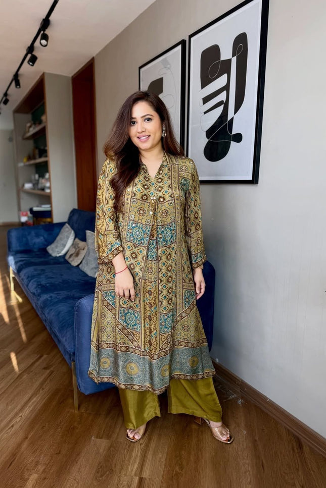 Ajrakh Print Crape Co-ord Set with Mirror Work | Rosepetals Luxe - Rosepetals Luxe
