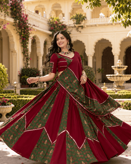 Ajrakh Print Lehenga Choli | Mirror Lace & Gotta Patti | Navratri - Rosepetals Luxe