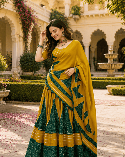 Ajrakh Print Lehenga Choli | Mirror Lace & Gotta Patti | Navratri - Rosepetals Luxe