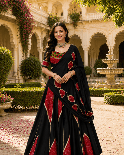 Ajrakh Print Lehenga Choli | Mirror Lace & Gotta Patti | Navratri - Rosepetals Luxe