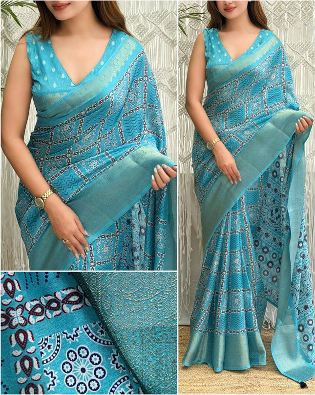Ajrakh Printed Cotton Saree with Zari Jacquard Border and Tassels - Rosepetals Luxe