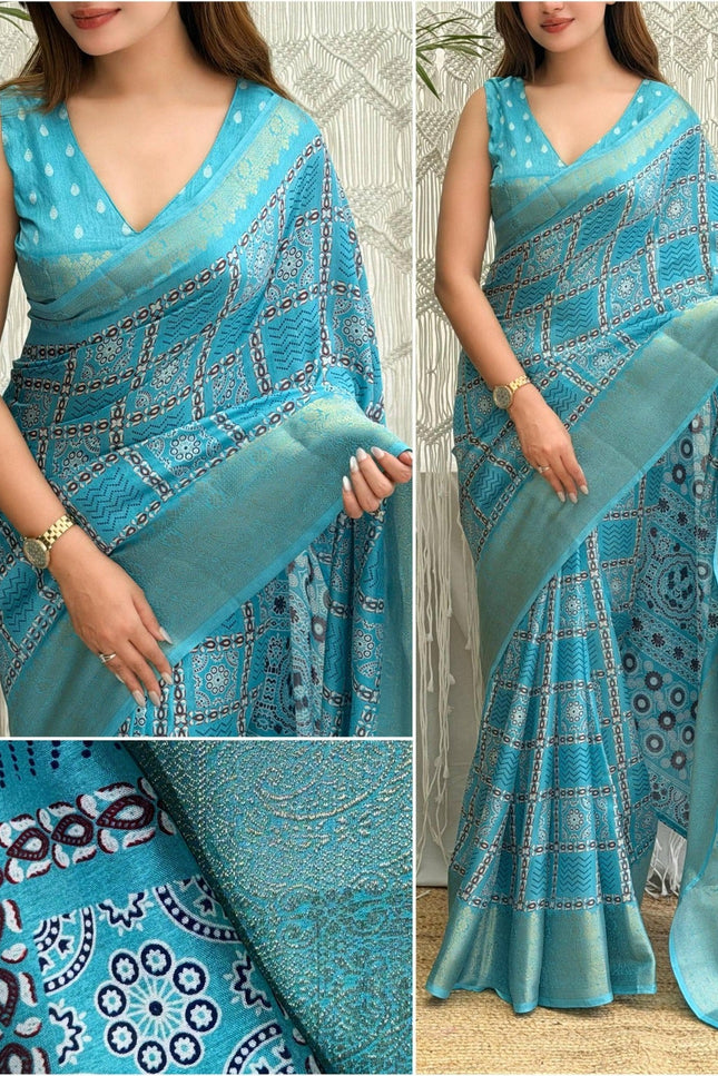 Ajrakh Printed Cotton Saree with Zari Jacquard Border and Tassels - Rosepetals Luxe