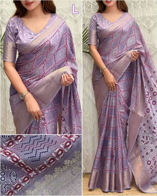 Ajrakh Printed Cotton Saree with Zari Jacquard Border and Tassels - Rosepetals Luxe
