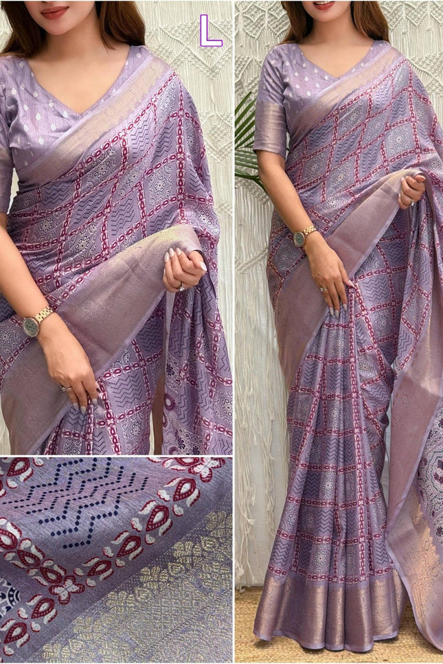 Ajrakh Printed Cotton Saree with Zari Jacquard Border and Tassels - Rosepetals Luxe